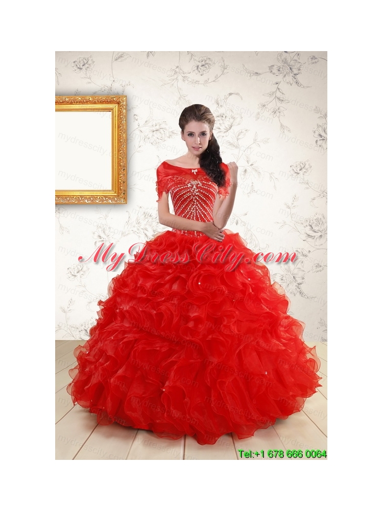 2015 Ball Gown Beading Quinceanera Dresses in Red