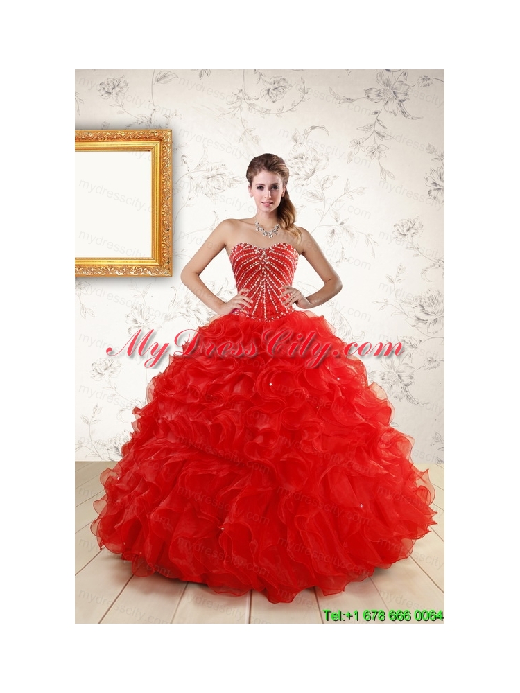 2015 Ball Gown Beading Quinceanera Dresses in Red