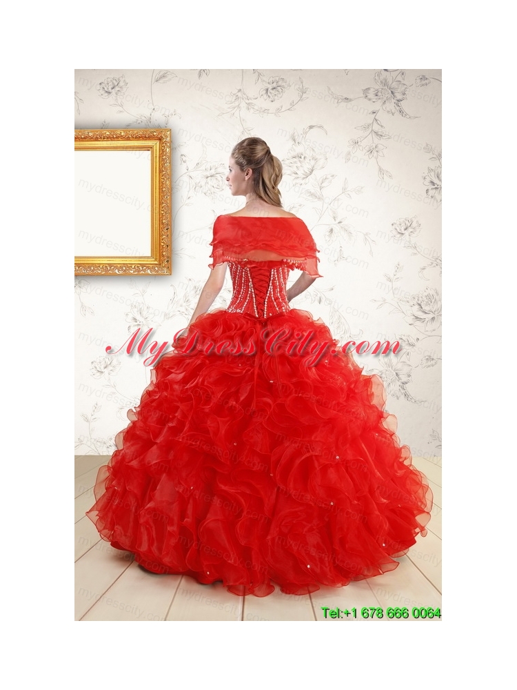 2015 Ball Gown Beading Quinceanera Dresses in Red