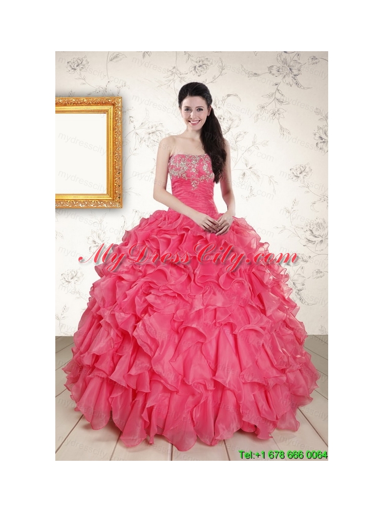 2015 Hot Pink Strapless Quinceanera Dresses with Beading and Ruffles