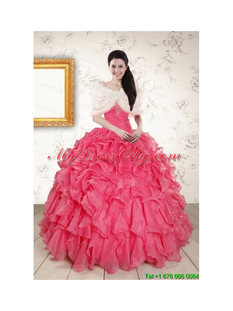 2015 Hot Pink Strapless Quinceanera Dresses with Beading and Ruffles