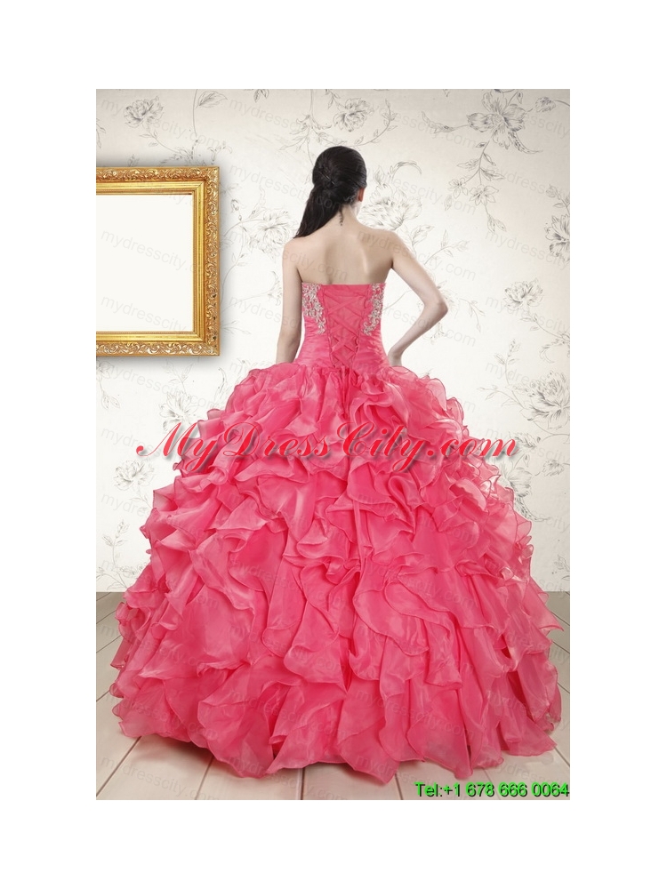 2015 Hot Pink Strapless Quinceanera Dresses with Beading and Ruffles