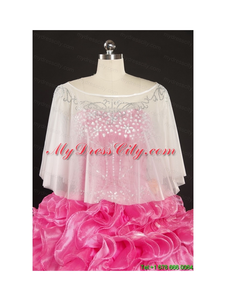 2015 Hot Pink Strapless Quinceanera Dresses with Beading and Ruffles