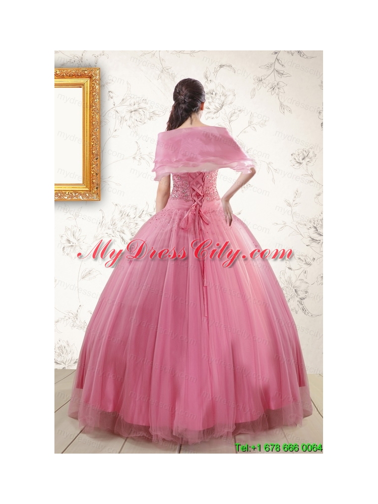 2015 Pretty Pink Quinceaneras Dresses with Appliques and Beading