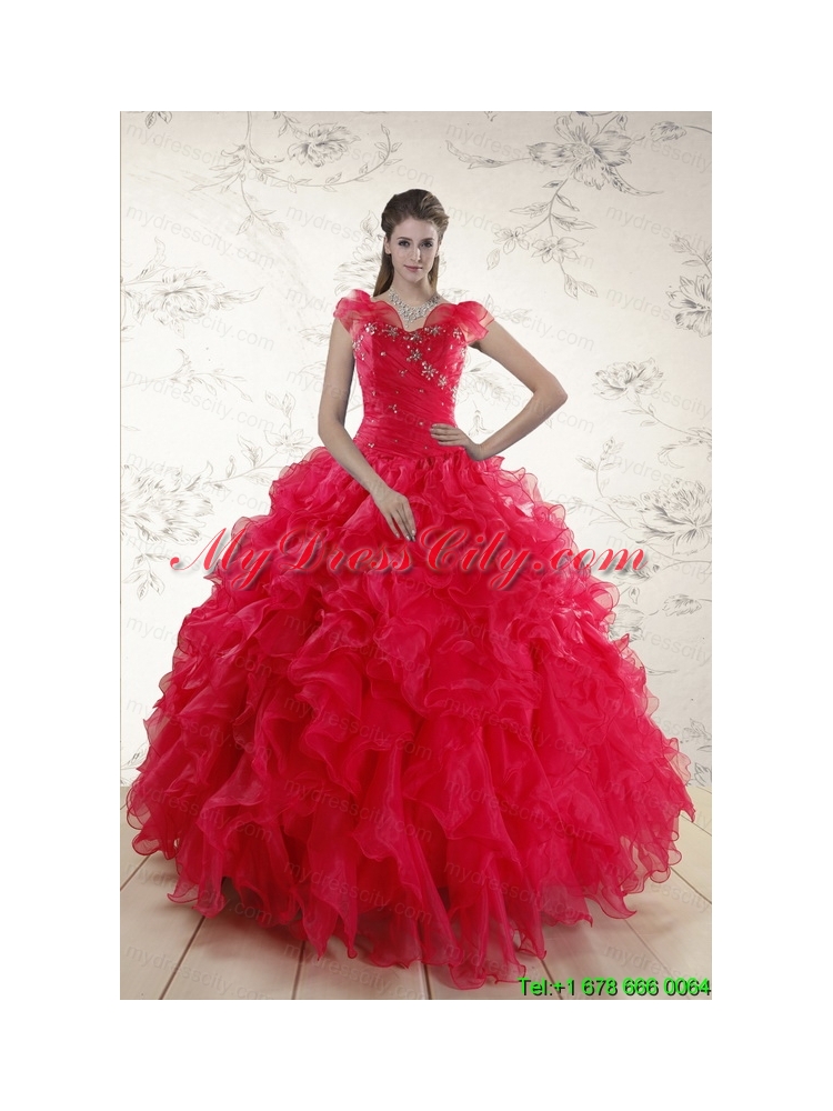 2015 Pretty Sweetheart Beading Quinceanera Dresses in Red