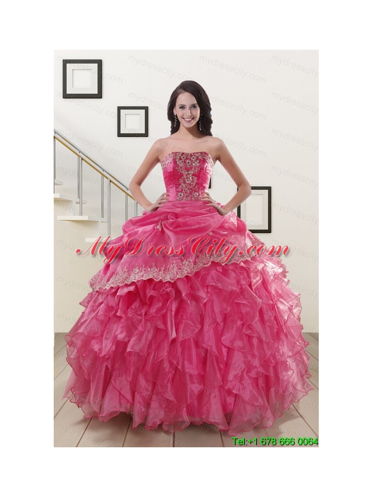 Appliques and Ruffles 2015 Hot Pink Quinceanera Gowns