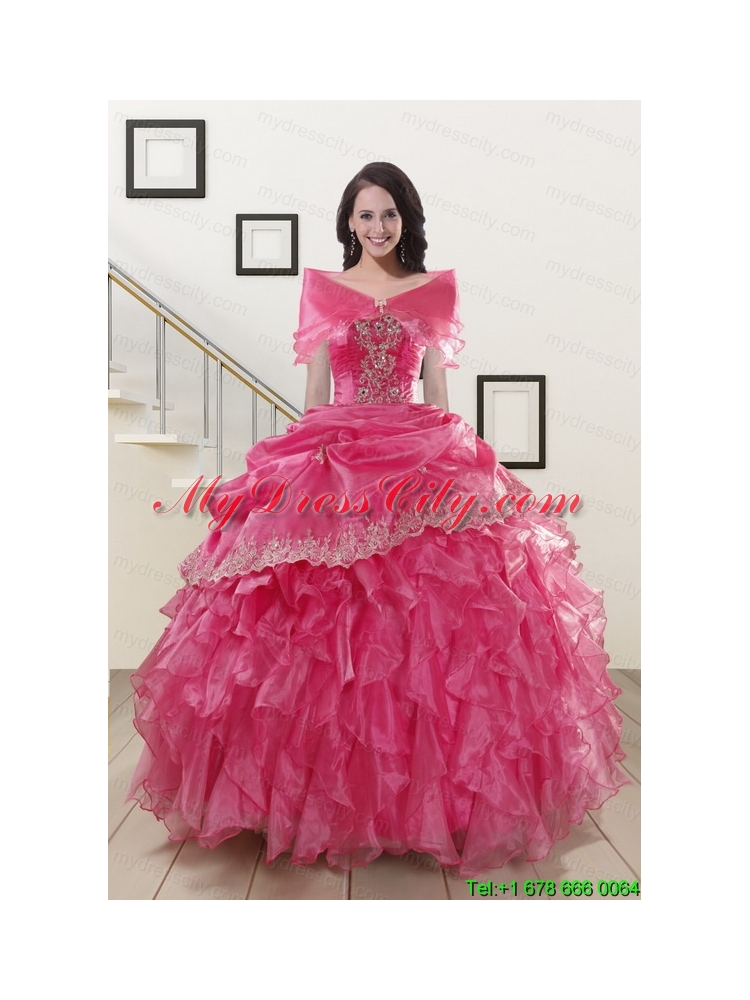 Appliques and Ruffles 2015 Hot Pink Quinceanera Gowns