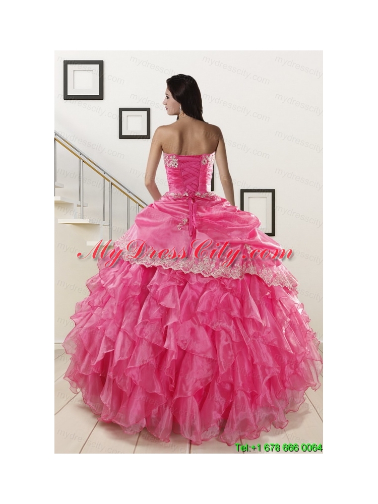 Appliques and Ruffles 2015 Hot Pink Quinceanera Gowns