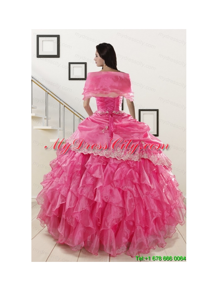 Appliques and Ruffles 2015 Hot Pink Quinceanera Gowns