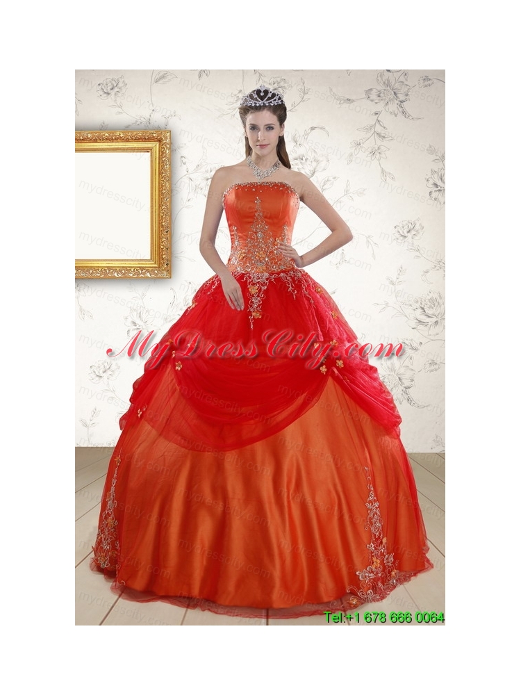 Beautiful Strapless Appliques Sweet 16 Dresses in Orange Red