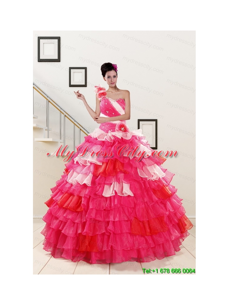 Puffy Beading Quinceanera Dresses with One Shoulder for 2015