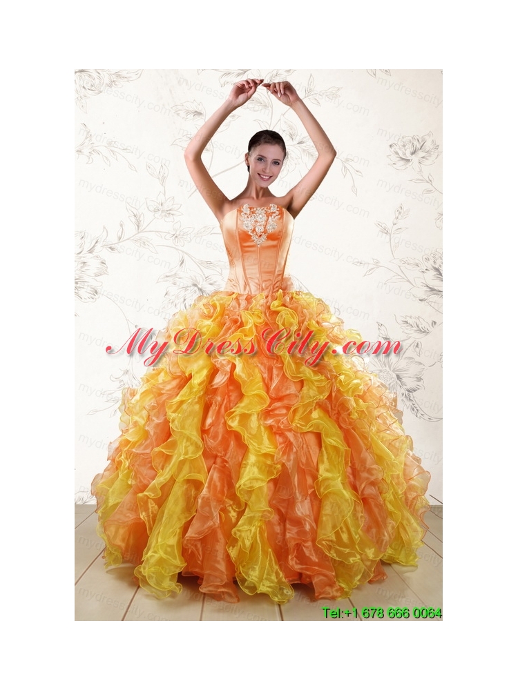 Puffy Luxurious 2015 Quinceanera Dresses with Appliques and Ruffles