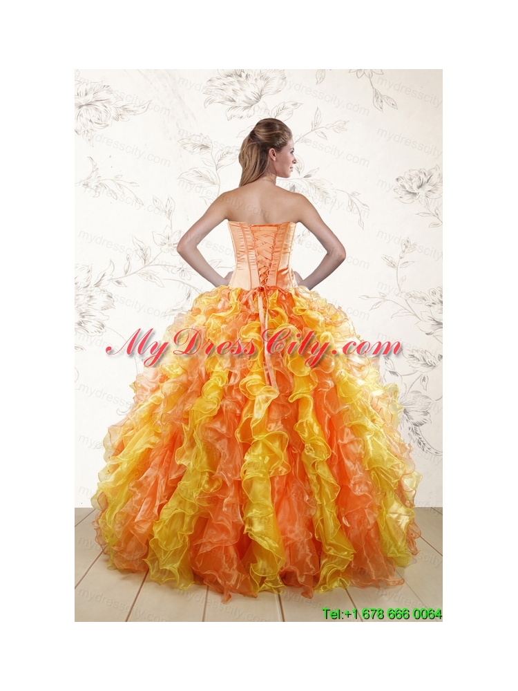 Puffy Luxurious 2015 Quinceanera Dresses with Appliques and Ruffles