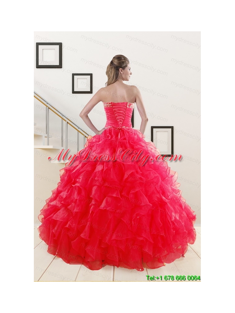 Sweetheart Ball Gown 2015 Sweet 16 Dresses in Coral Red