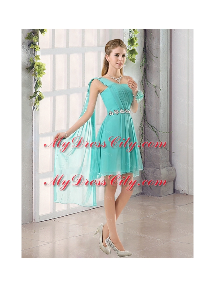 2015 A Line Ruching Lace Up Bridesmaid Dress in Aqua Blue