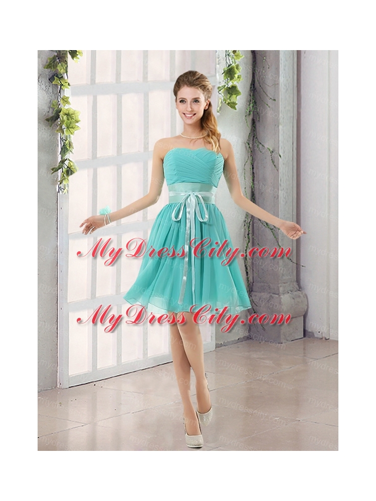 2015 A Line Ruching Lace Up Bridesmaid Dress in Aqua Blue