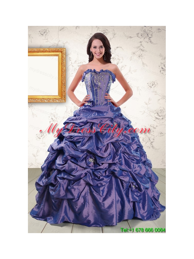 2015 Beaded and Pick ups Purple Quinceanera Dresses with Brush Train