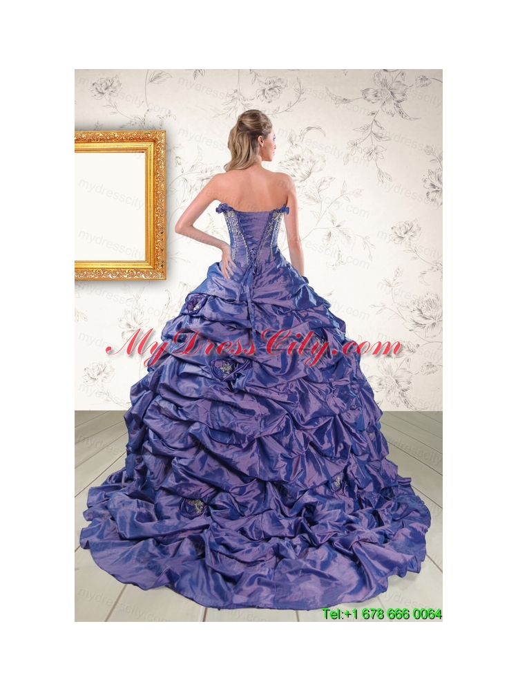 2015 Beaded and Pick ups Purple Quinceanera Dresses with Brush Train