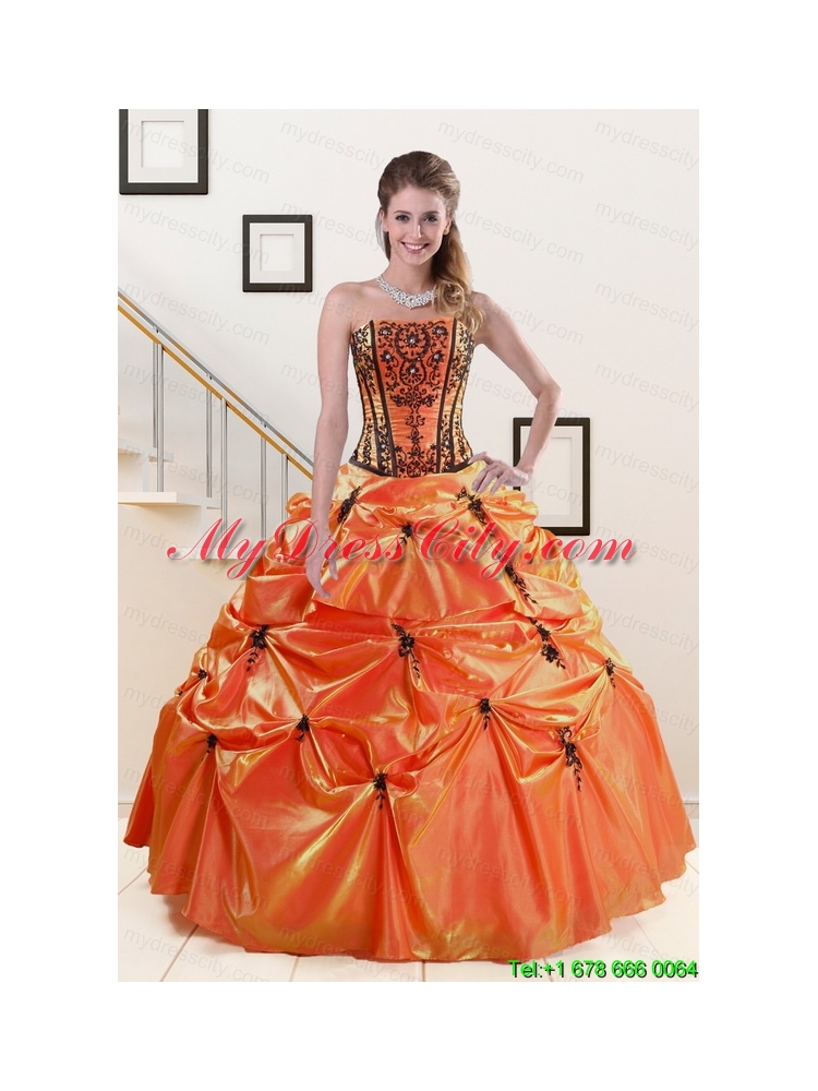 2015 Cheap Orange Red and Black Quinceanera Dresses with Appliques