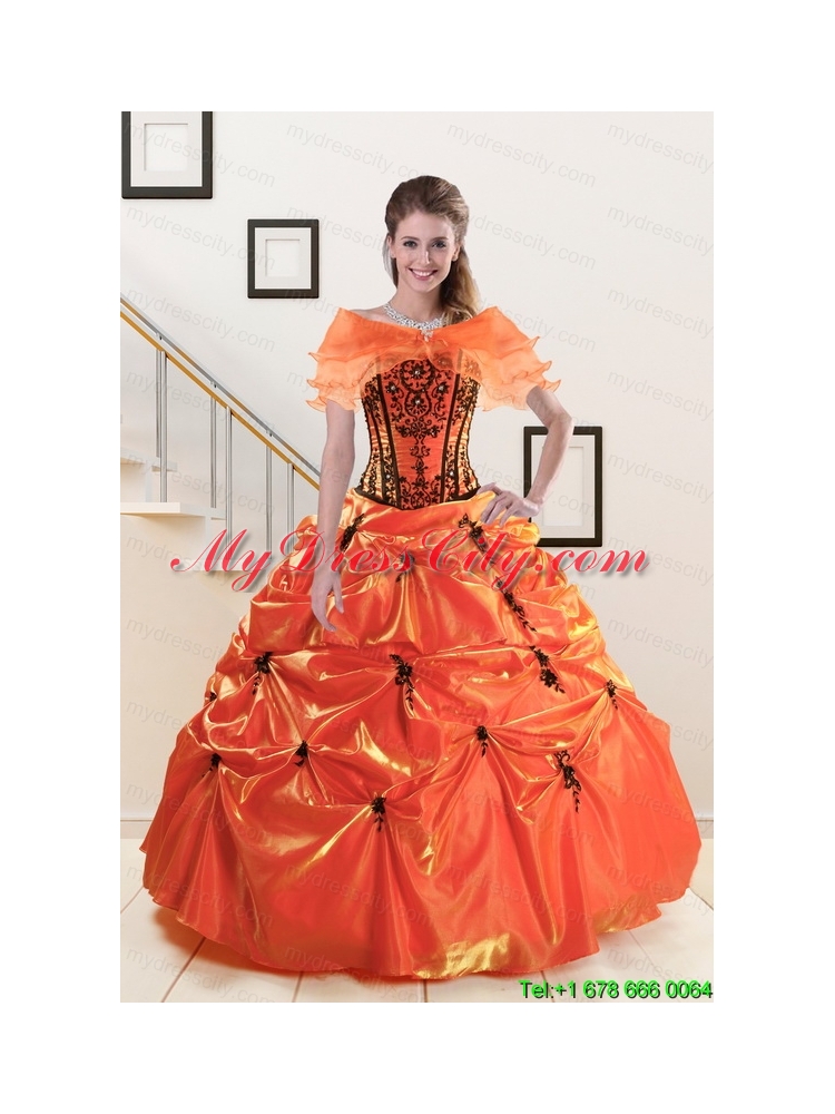 2015 Cheap Orange Red and Black Quinceanera Dresses with Appliques