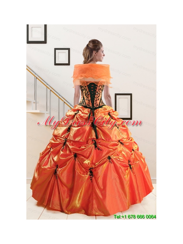 2015 Cheap Orange Red and Black Quinceanera Dresses with Appliques