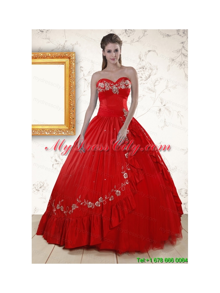 2015 Cheap Sweetheart Red Puffy Quinceanera Dresses with Embroidery