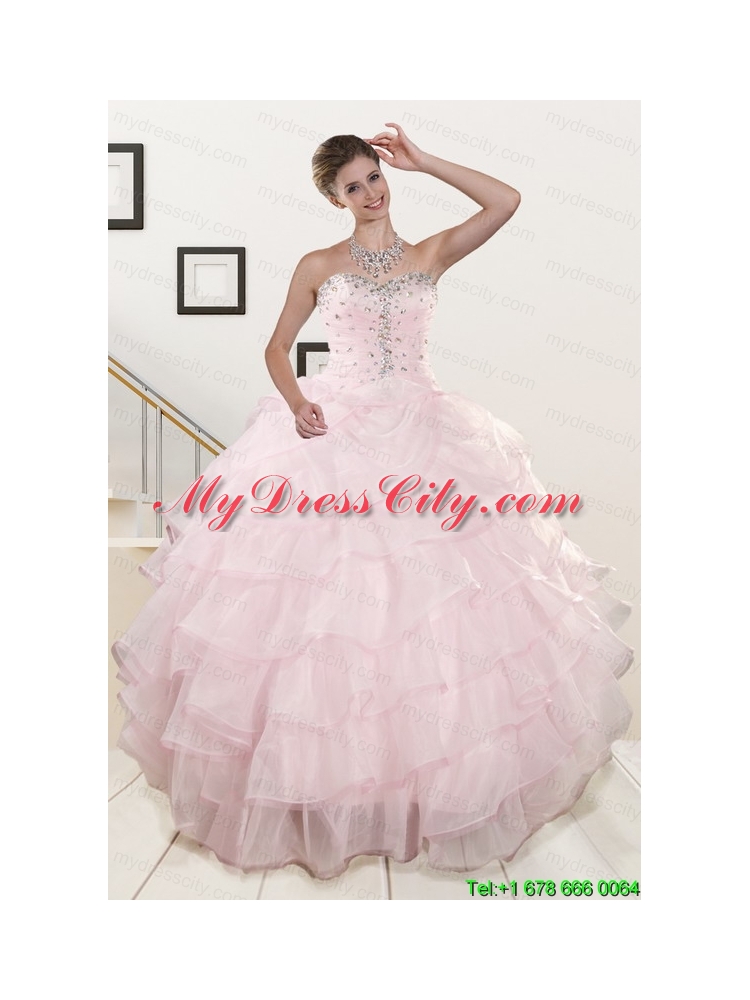 2015 Cute Baby Pink Quinceanera Dresses with Beading and Ruffles