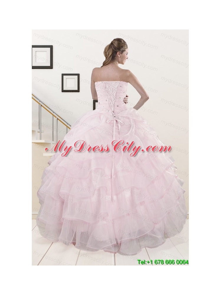 2015 Cute Baby Pink Quinceanera Dresses with Beading and Ruffles