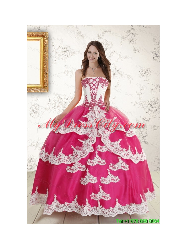 2015 Hot Pink Strapless Quinceanera Dresses with Appliques