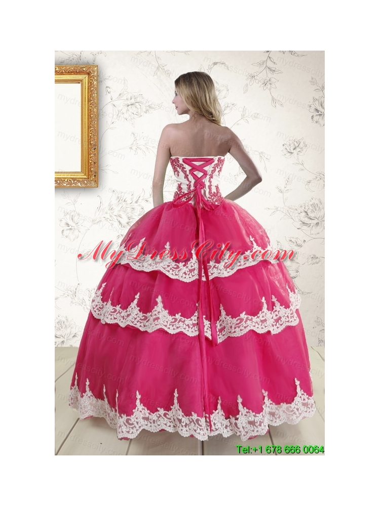 2015 Hot Pink Strapless Quinceanera Dresses with Appliques