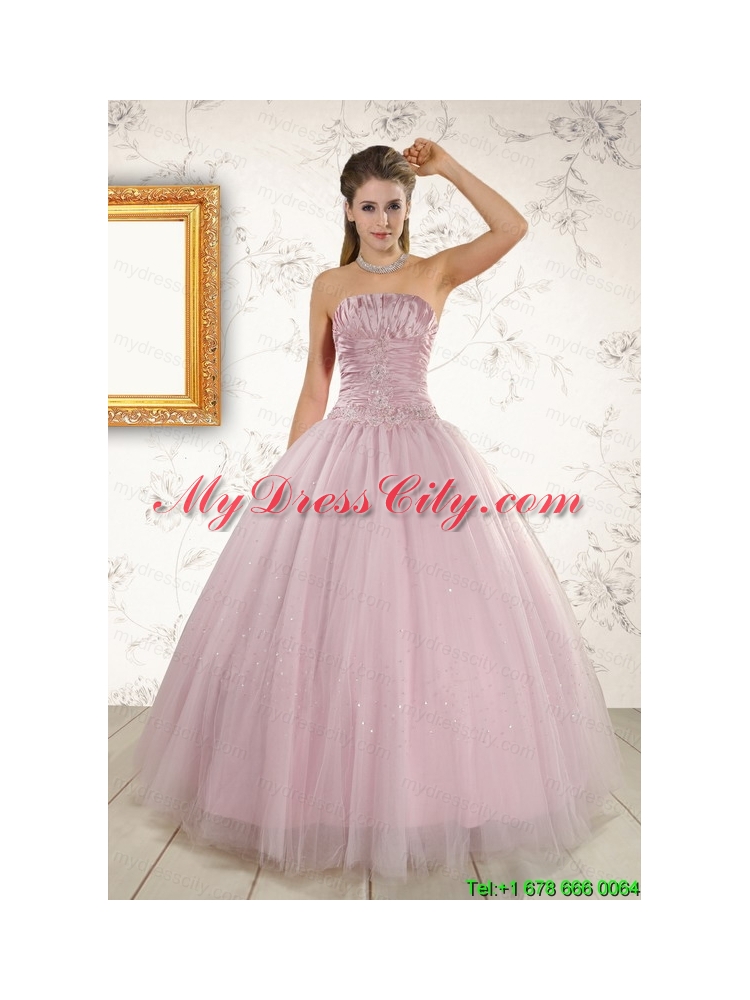 2015 Light Pink Strapless Elegant Sweet 16 Dresses with Appliques