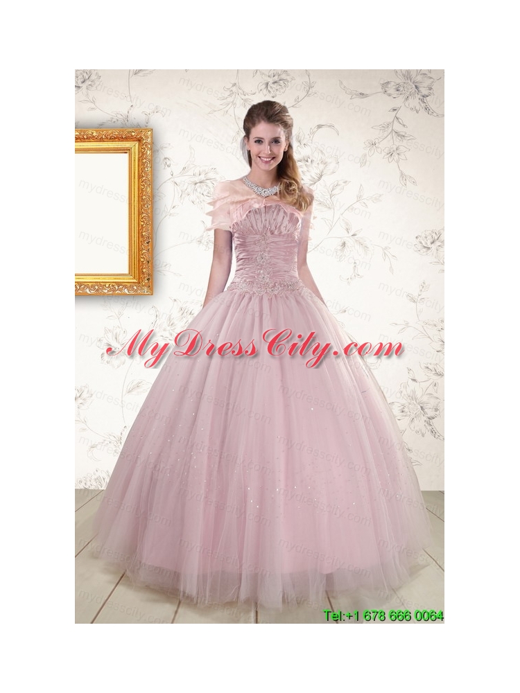 2015 Light Pink Strapless Elegant Sweet 16 Dresses with Appliques