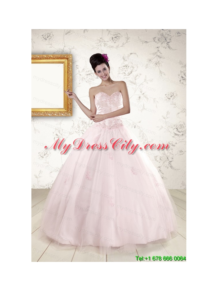 2015 Modest Light Pink Quinceanera Dresses with Appliques