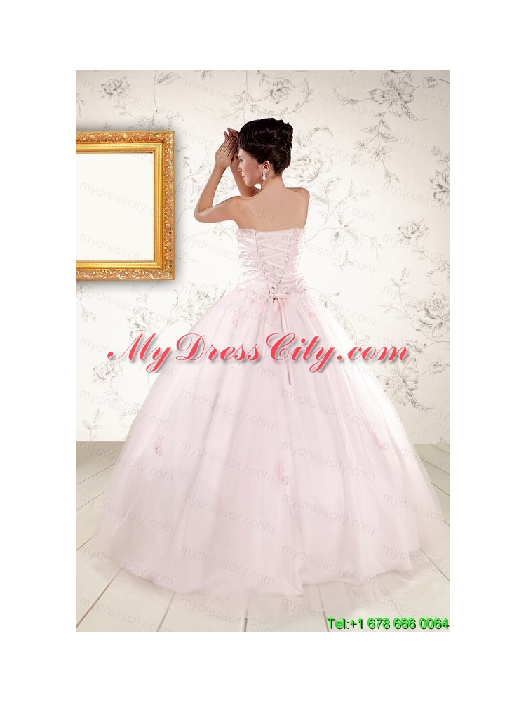 2015 Modest Light Pink Quinceanera Dresses with Appliques