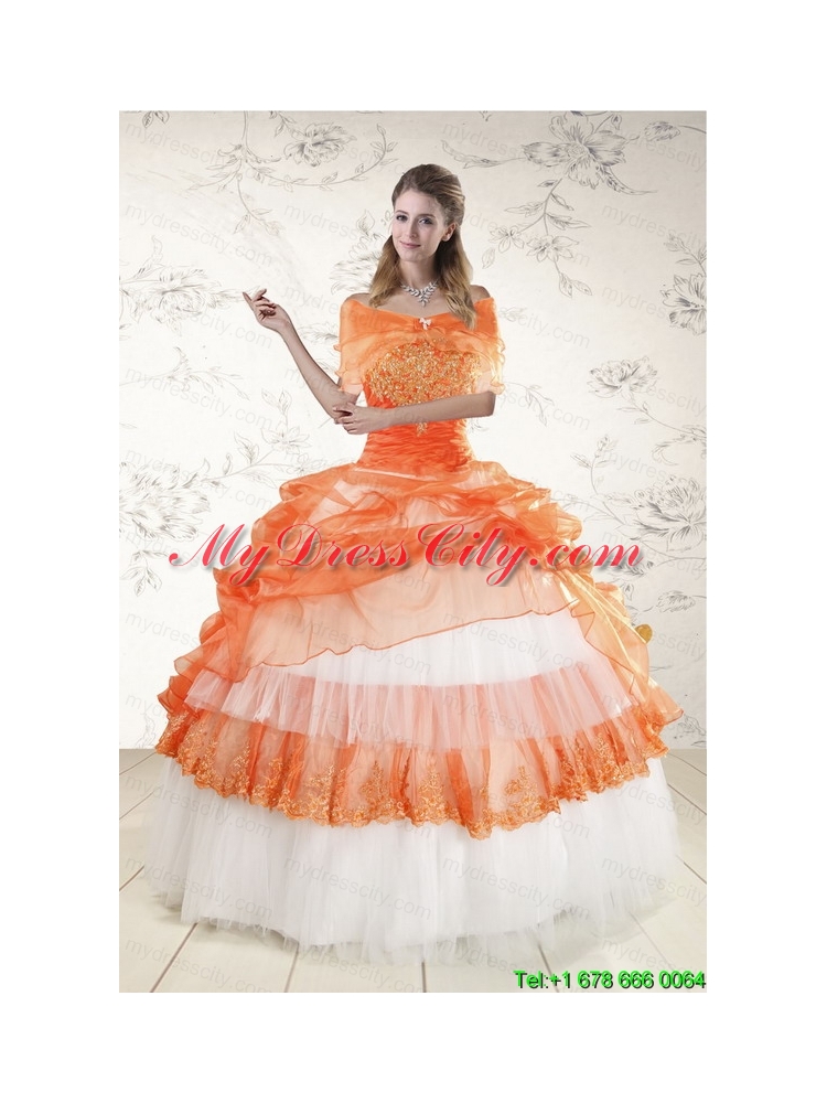 2015 Perfect Strapless Orange Quinceanera Dresses with Beading and Appliques