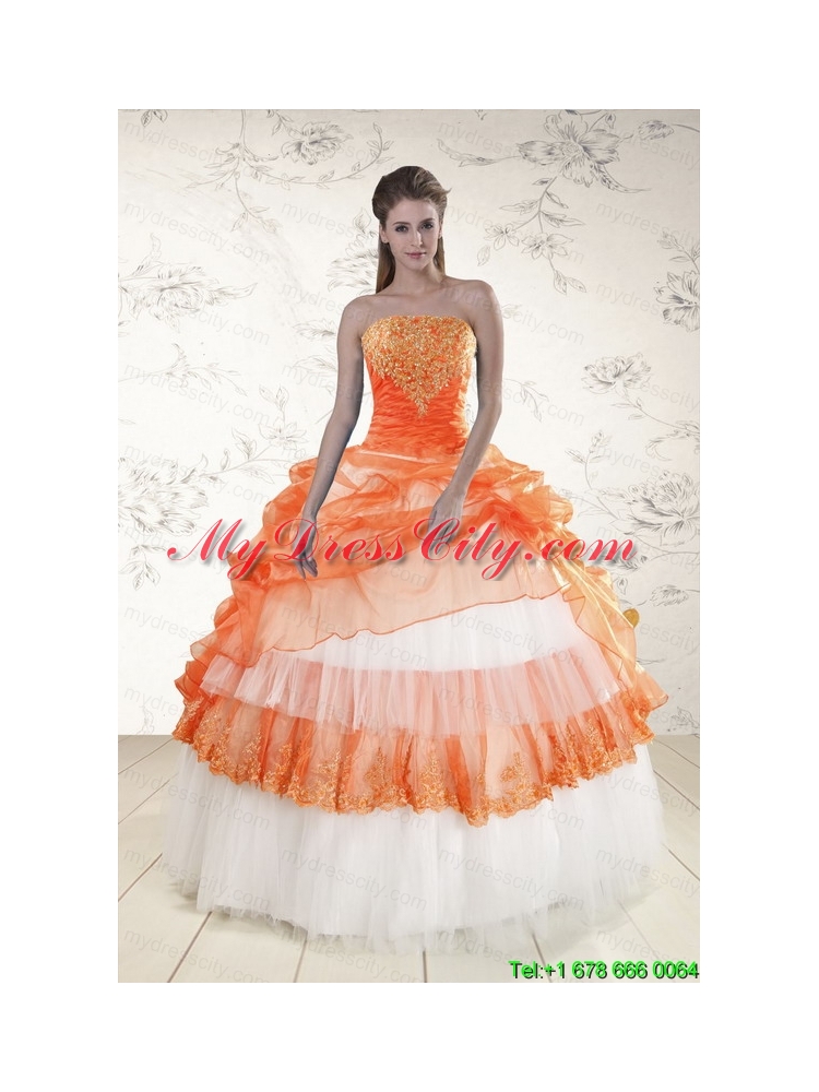 2015 Perfect Strapless Orange Quinceanera Dresses with Beading and Appliques