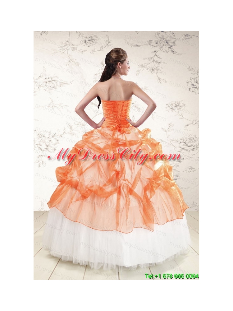 2015 Perfect Strapless Orange Quinceanera Dresses with Beading and Appliques