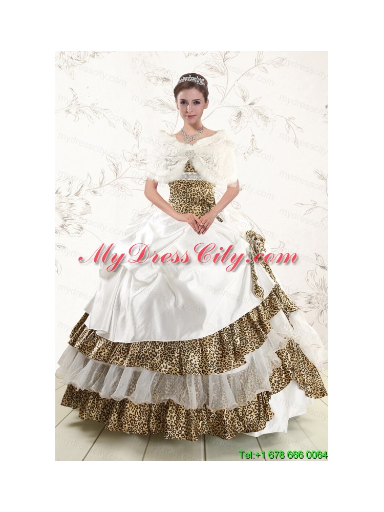 2015 Strapless Leopard Quinceanera Dresses with Hand Made Flower