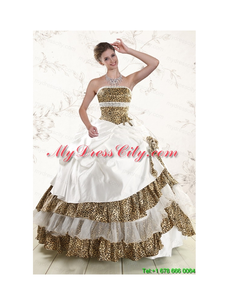 2015 Strapless Leopard Quinceanera Dresses with Hand Made Flower