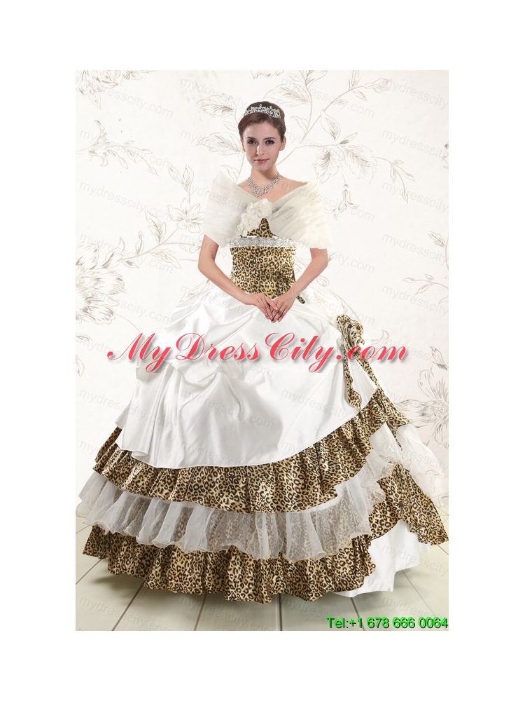 2015 Strapless Leopard Quinceanera Dresses with Hand Made Flower