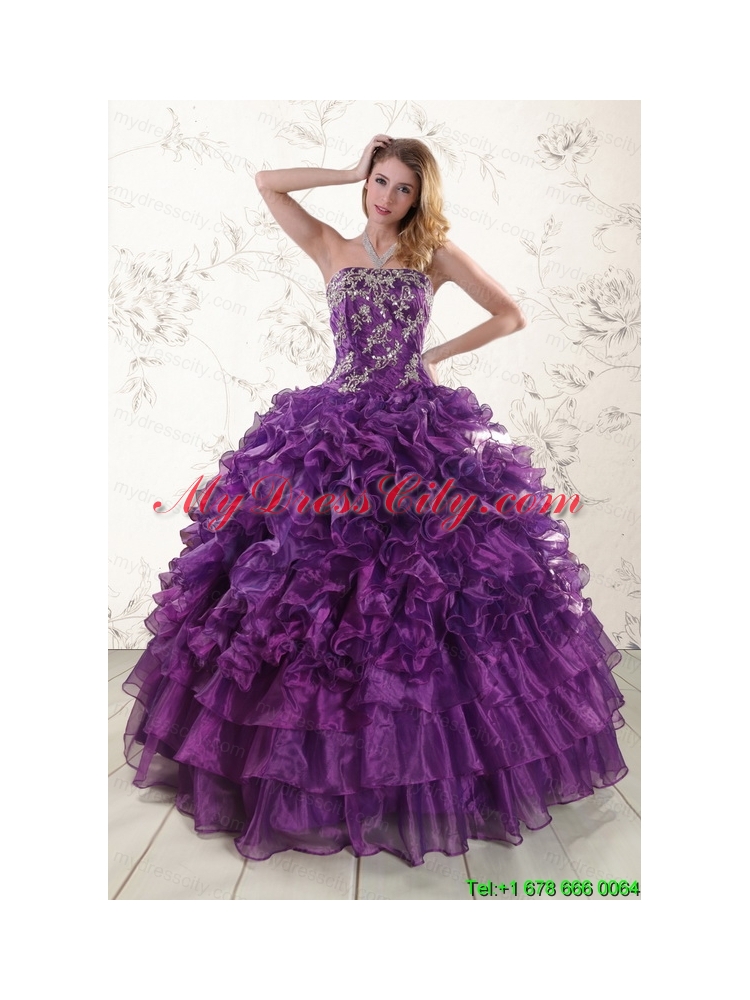 Beautiful Appliques Purple Strapless 2015 Quinceanera Dresses