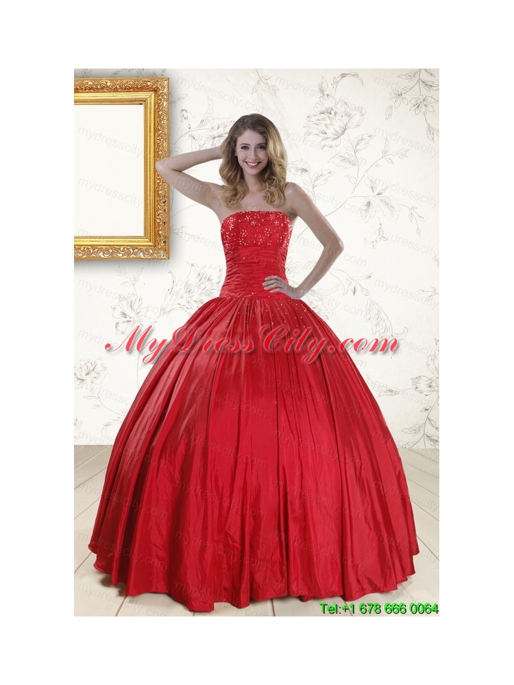 Cheap Red Strapless Sweet 16 Dresses with Beading