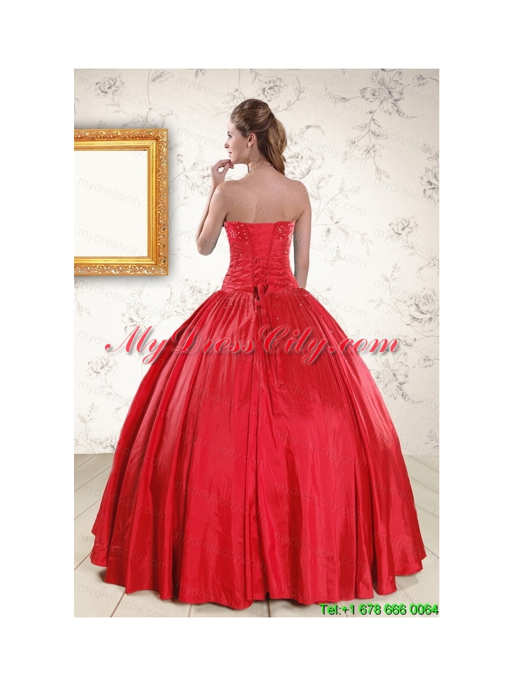 Cheap Red Strapless Sweet 16 Dresses with Beading