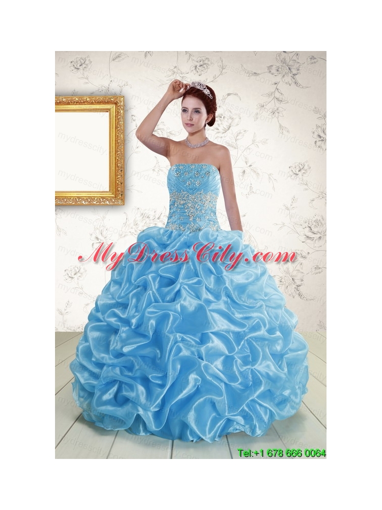 Elegant Strapless Beading and Pick Ups 2015 Quinceanera Dresses in Baby Blue