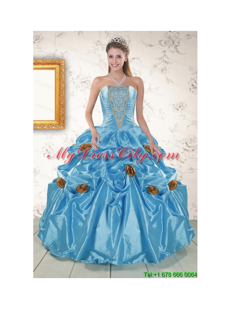 New Style Aqua Blue Quinceanera Dresses with Beading and Flowers