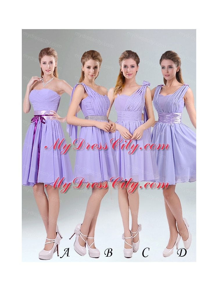 Perfect Straps Lavender Ruched Mini Length Bridesmaid Dress with Waistband