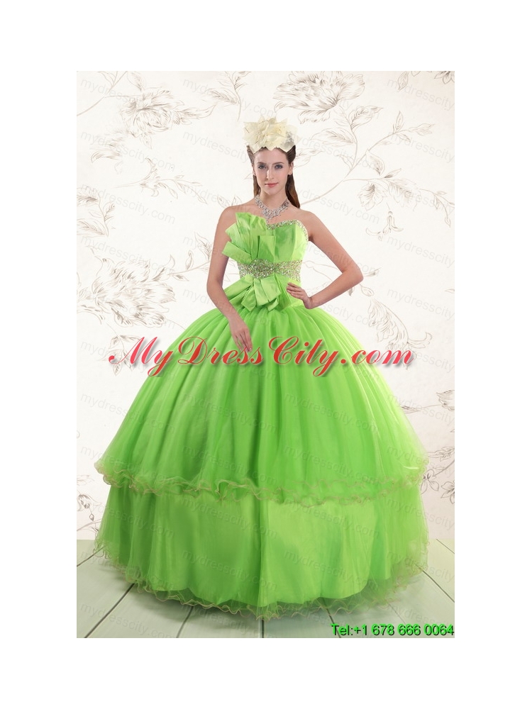 Spring Green  2015 Sweetheart Quinceanera Dresses with Beading and Bowknot