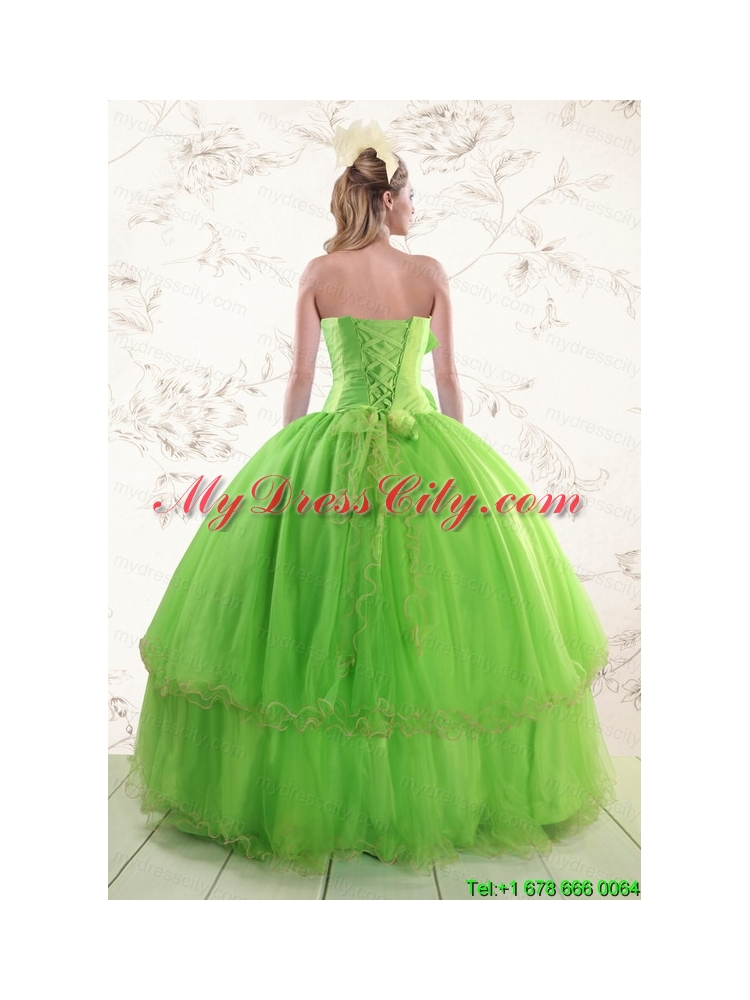 Spring Green  2015 Sweetheart Quinceanera Dresses with Beading and Bowknot