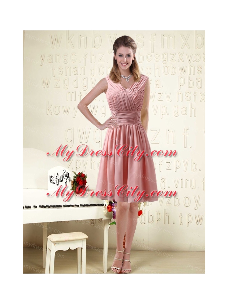 V Neck Empire Chiffon Ruching Bridesmaid Dresses for 2015