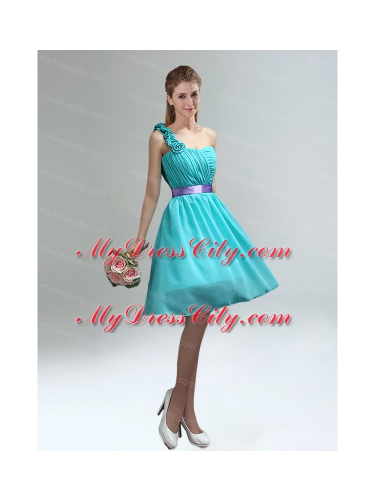 Unique One Shoulder Ruches Teal Bridesmaid Dresses with Belt